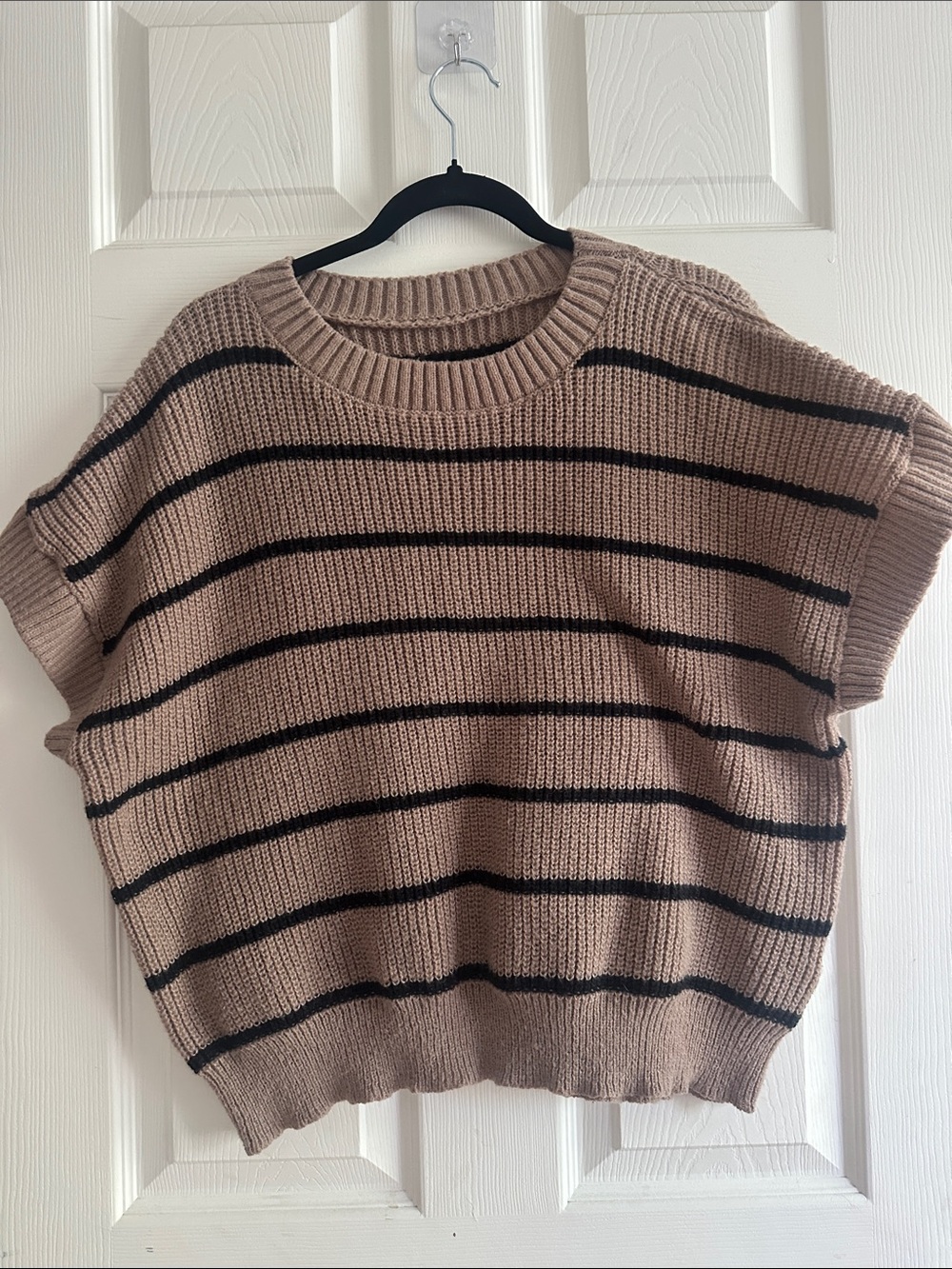 Taupe Striped Knit Short-Sleeve Sweater - Women